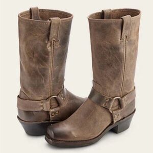 Frye Brown Leather Harness Heeled Boots